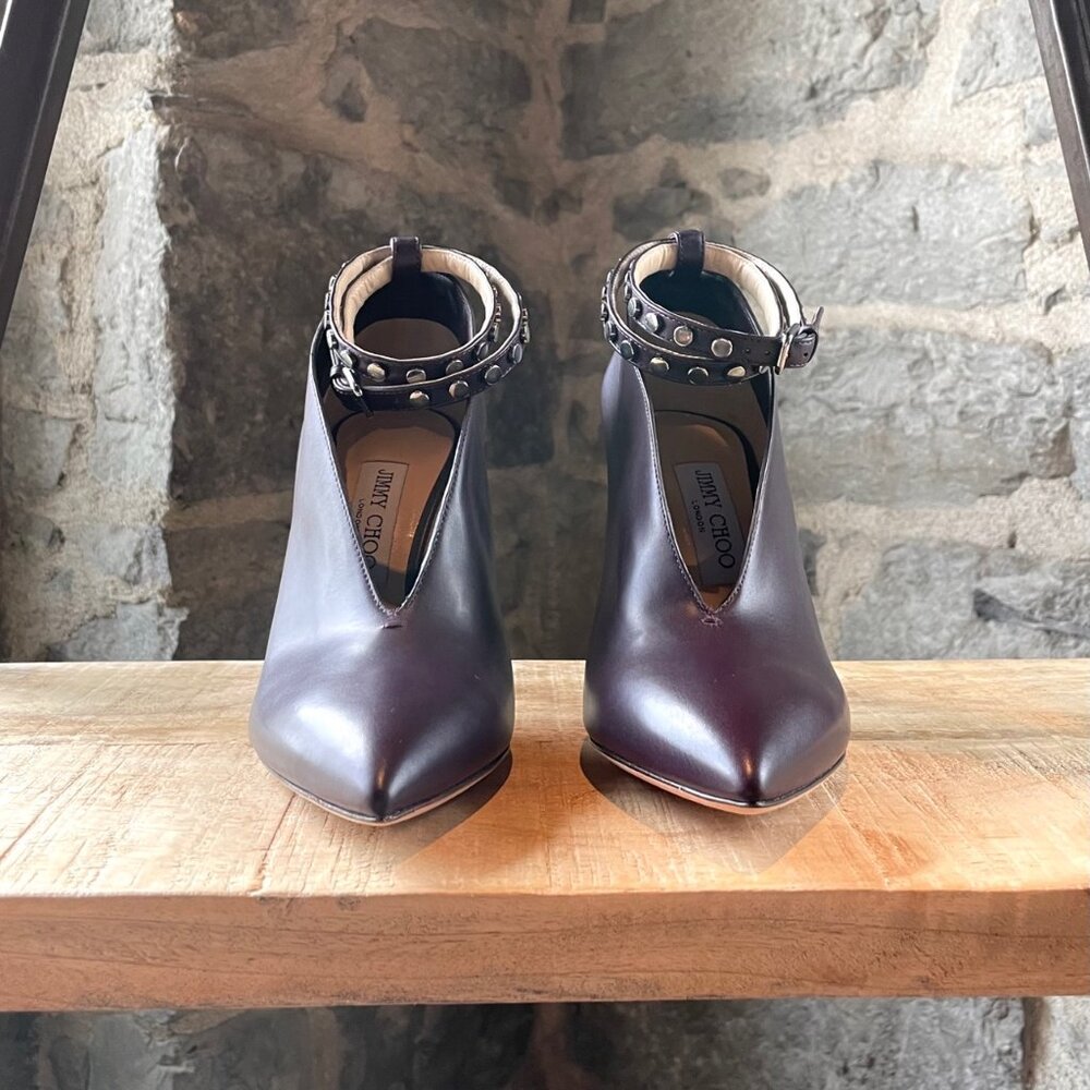 Jimmy Choo Purple Eggplant Lark Ankle Strap V Booties - Picture 3 of 10